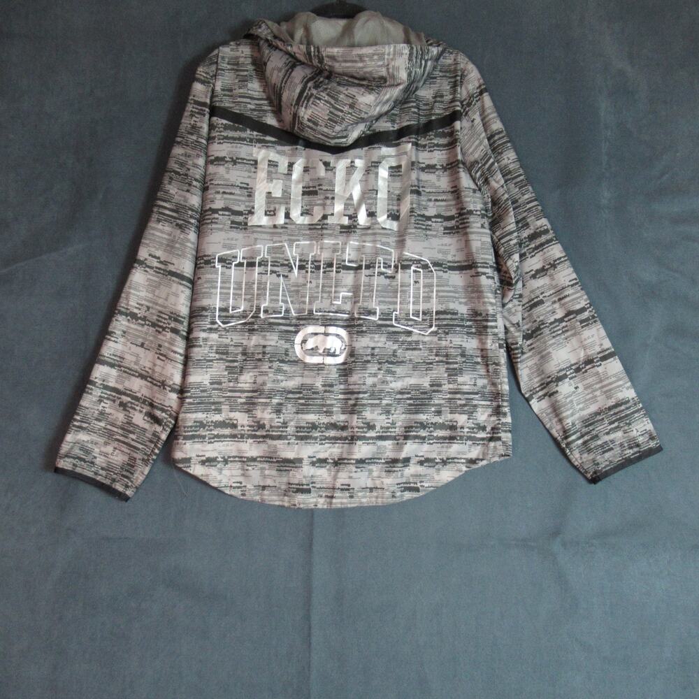 Ecko Unltd Hoodie Mens Medium Gray Camo Full Zip Streetwear Jacket Y2K Thin